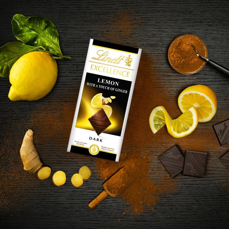 Lindt Excellence Lemon Citron with A Touch Of Ginger Dark Chocolate Bar, 100g, White, Black & Yellow