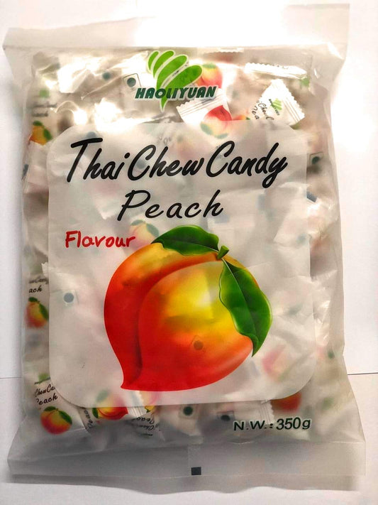 Haoliyuan Thai Chew Candy Peach 350g (appx. 100pcs) - Peach flavored chew candy, approximately 100 pieces per pack.