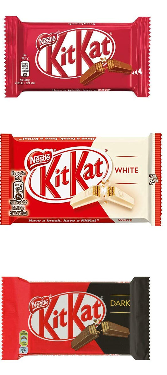 Kit Kat Combo Pack of Kitkat Milk + White + Dark Chocolate Wafer Bar, 41.5 g Each - Experience a variety of flavors with Kit Kat Combo Pack of Milk, White, and Dark Chocolate Wafer Bar, 41.5g each.