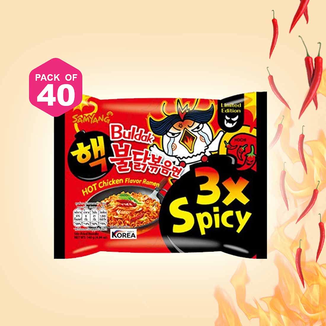 Samyang Buldak Fire Chicken Noodles 3X Spicy (Pack of 40) - Ultimate spicy challenge