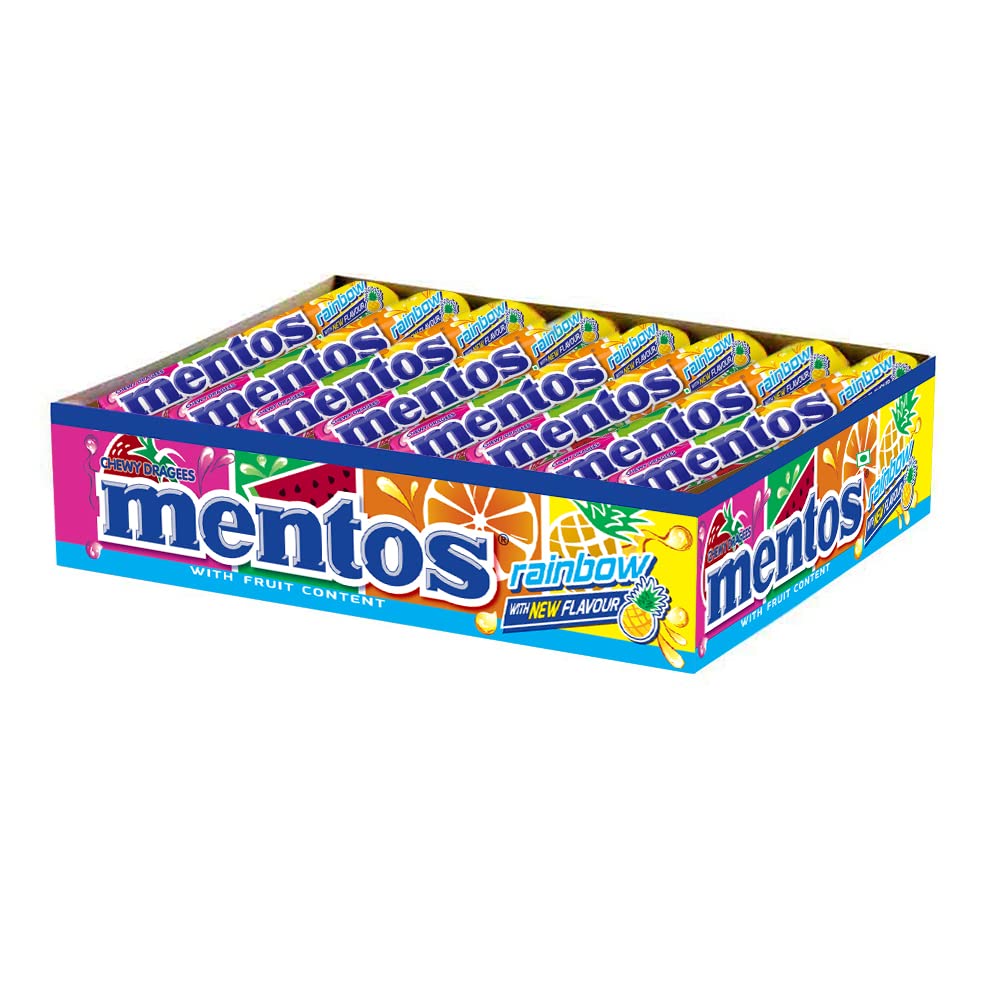 Mentos Chewy Dragee, Fruit Punch Rainbow Roll, Assorted Flavour, 655 Grams (Pack of 18 Sticks) - "Fruit Punch Rainbow Mentos!"