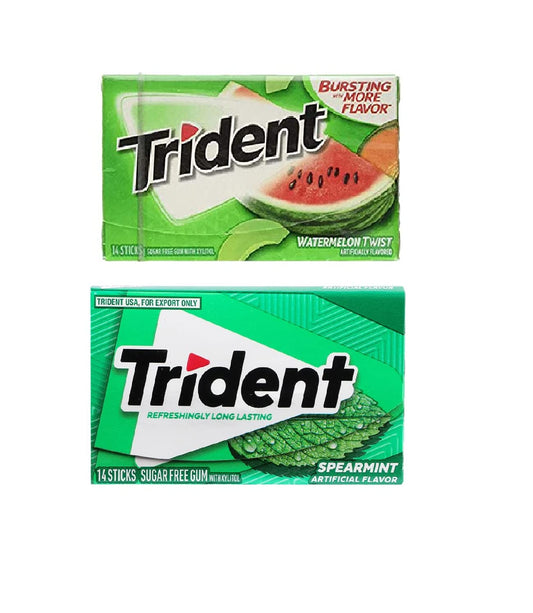 Trident Sugar-Free Chewing Gum - Spearmint Flavor, 14 Sticks, 26g & Watermelon Flavor, 14 Sticks, 26g - Double the Refreshment!