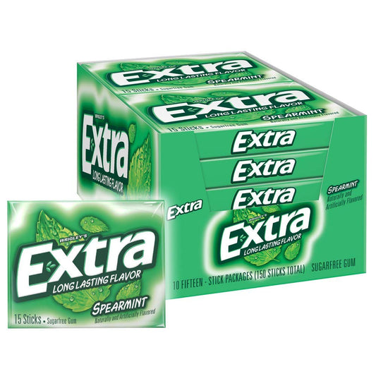 Extra Sugar-Free Chewing Gum 15-Sticks Each - Box of 10 (150 Sticks Total) (Spearmint) - Spearmint sensation!