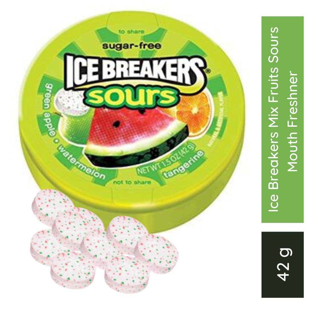 Ice Breakers Mix Fruits Sours Mouth Freshner 42 Grams - Mixed fruit sours for a tangy mouth-freshening treat, 42g.