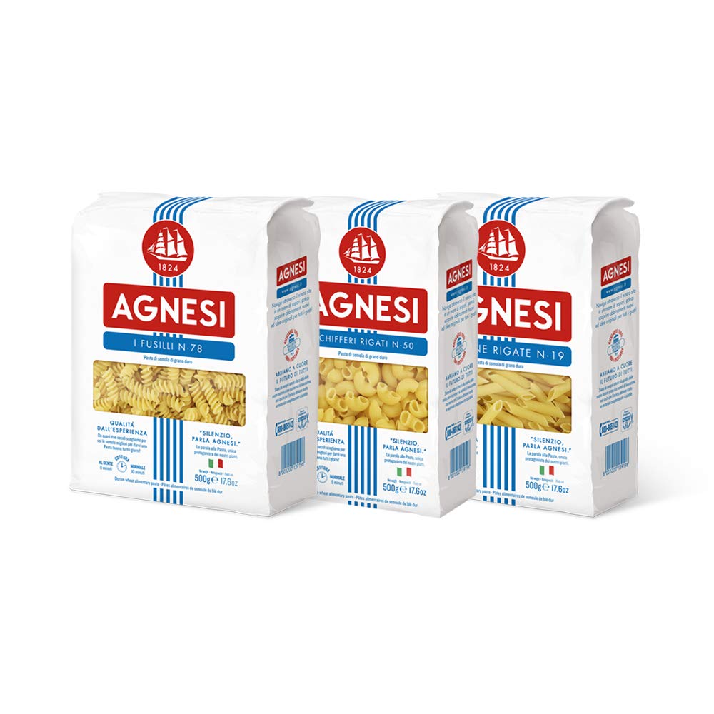 Agnesi Pasta Penne 500g + Fusilli 500g + Chifferi 500g, Pack of 1 each, Product of Italy - Italian Trio!