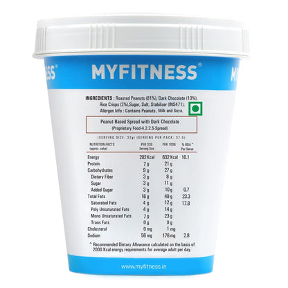 MYFITNESS Chocolate Peanut Butter Crispy 510g | 21g Protein | Dark Chocolate | Tasty Nut Butter Spread | Cholesterol Free, Gluten Free | Crispy Peanut Butter | Zero Trans Fat | Guilt Free Diet Snack