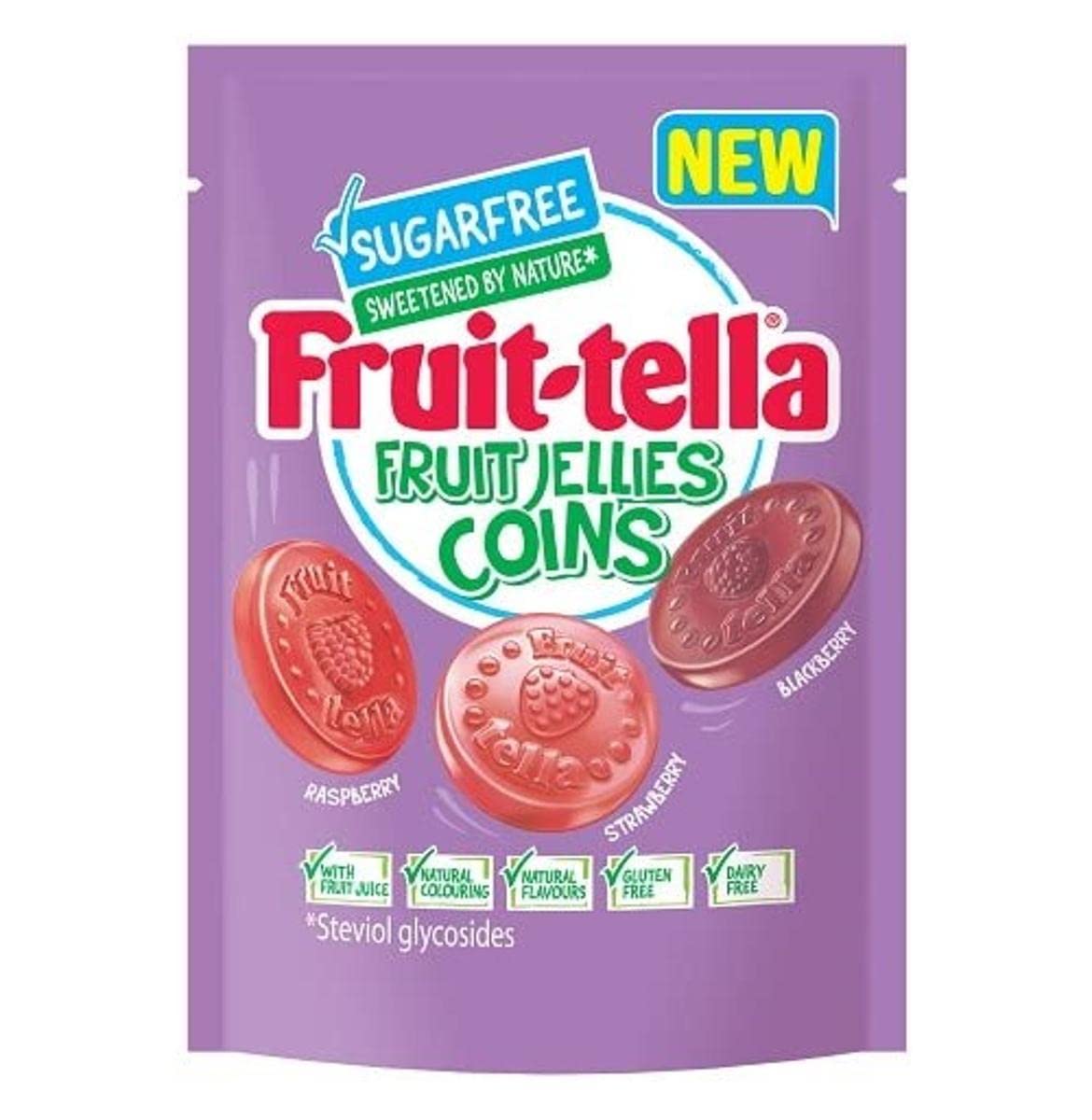 Fruit tella Fruit Jellies Coins Sugar Free Sweetened By Nature Assorted Raspberry, Strawberry, Blackberry 100g - Sugar-free fruit jellies! Sweetened by nature and bursting with assorted fruity flavors!