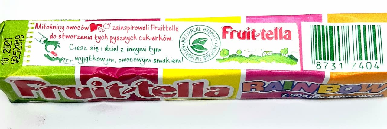 Fruittella Rainbow Stick 41g - Green Apple, Lemon, Orange, Strawberry & More! - Rainbow stick candy! A mix of fruity flavors including green apple, lemon, orange, and strawberry for a colorful treat!