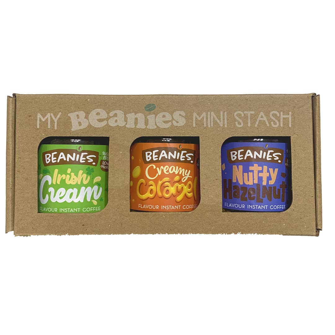 Beanies | Instant Flavoured Coffee | Irish Cream 50g, Creamy Caramel 50g, Nutty Hazelnut 50g | Low Calorie, Sugar Free | Pack of 3 - Three delicious flavors