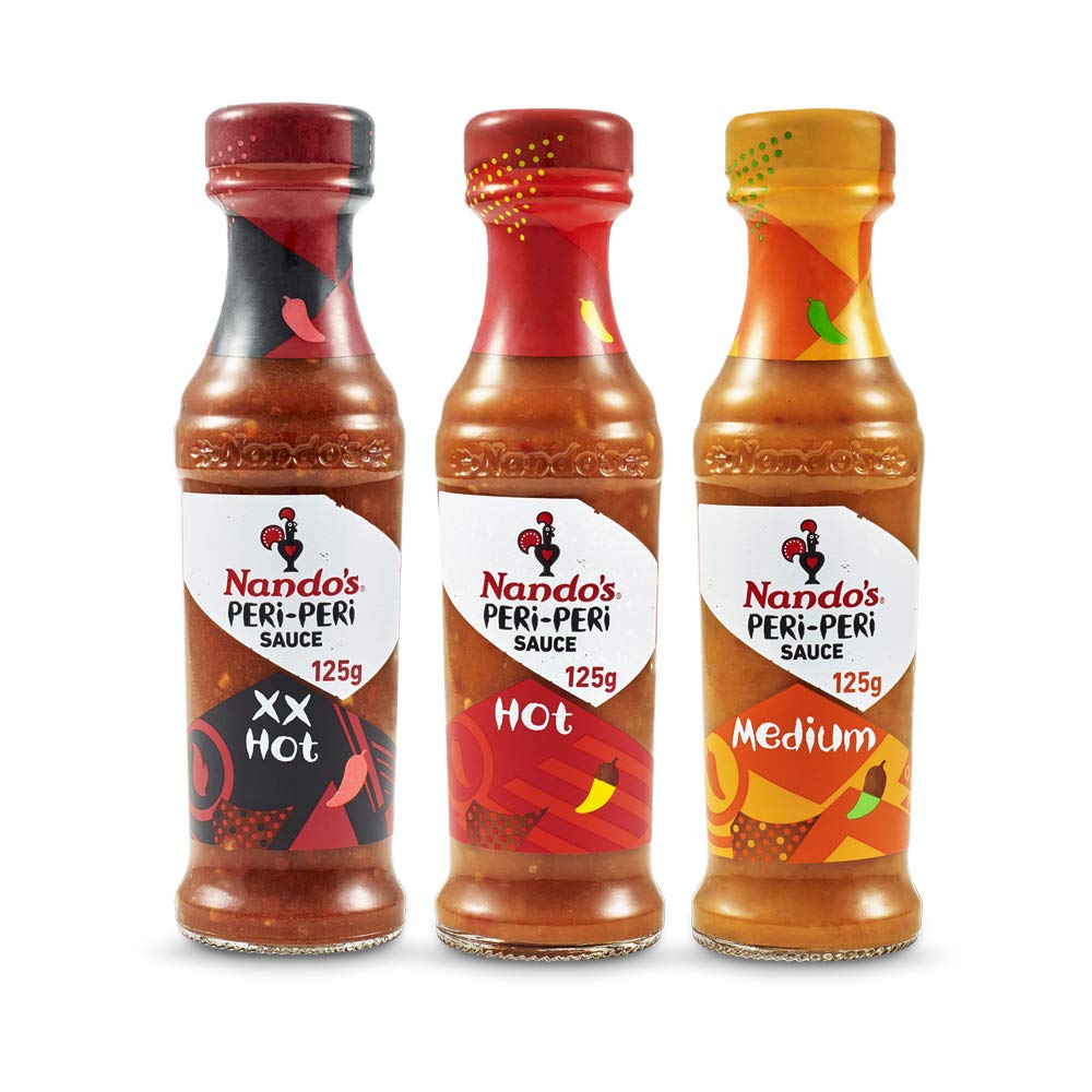 Nando's Peri Peri Chilli Sauce - XX Hot 125g + Hot 125g + Medium 125g, Pack of 1 each, Product of The Netherlands - "XX Hot Peri Peri Trio!"