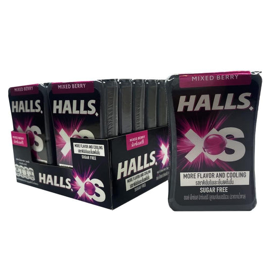 Halls XS Flavored Sugar Free Candy 13.8g Each - Pack of 12 (Mixed Berry) - Mixed berry flavor in a sugar-free candy pack.