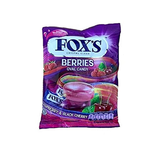 Fox's Berries Oval Hard Candy Raspberry & Black Cherry Flavor Packet, 125g, Purple & Red & White - Hard berry candy!