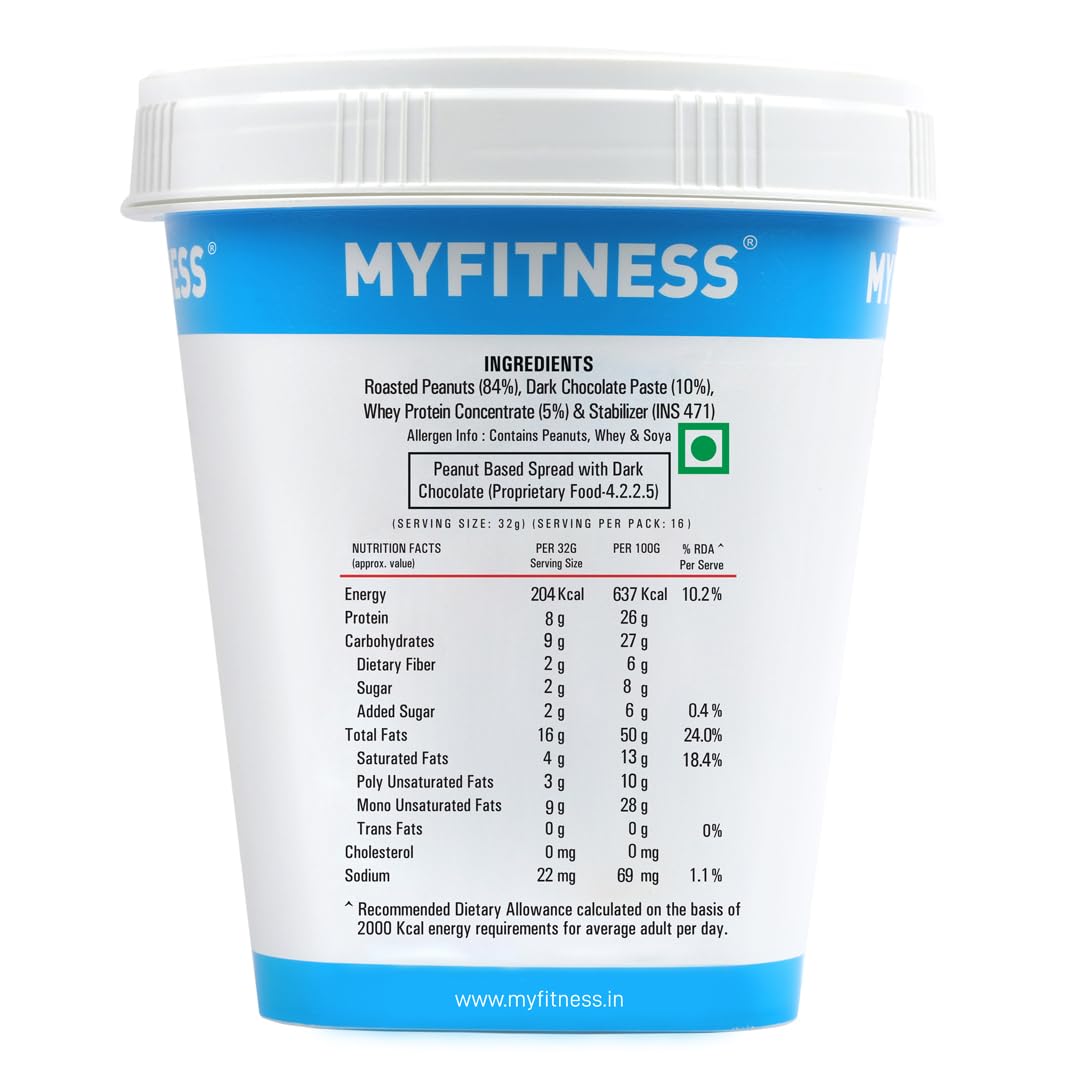 MYFITNESS High Protein Dark Chocolate Peanut Butter Smooth 510g | With Added Whey | 26g Protein for Muscle Building | Tasty Nut Butter Spread | Gluten Free | Zero Trans Fat | Smooth Peanut Butter