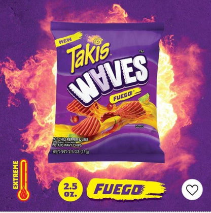 Takis Waves Fuego Hot Chili Pepper & Lime Potato Waves Chips, 71g, Imported from Mexico - Heat Up Your Snack Time!