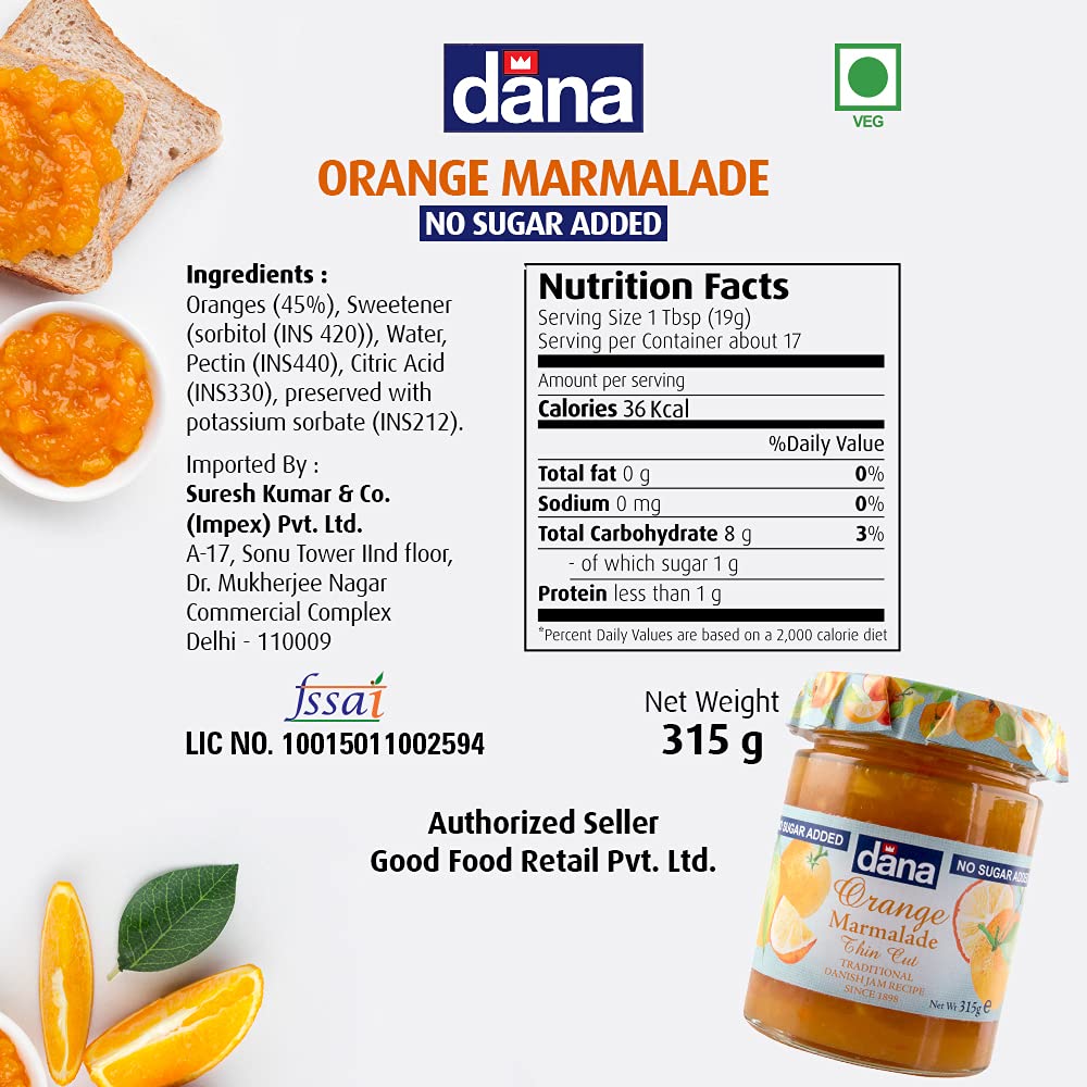 CANOE Dana Diabetic Mixed Fruit Jam + Diabetic Orange Jam, 315g, Pack of 1 Each, Product of Poland - Diabetic jam duo