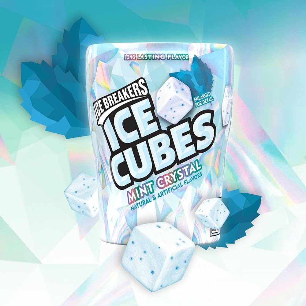 ICE BREAKERS ICE CUBES Mint Crystal Sugar-free Chewing Gum - 40 gums inside - Mint crystal gum cubes, 40 sugar-free pieces.