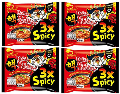 Sam Yang 3X Spicy Buldak Hot Chicken Flavour Instant Korean Noodles - 140gm*4Pack (Pack of 4) (Imported)