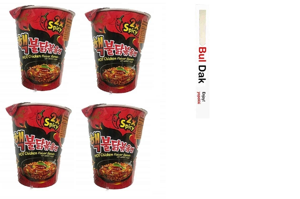 Sam Yang 2X Spicy Hot Chicken Flavor Ramen Cup,With Chopstick Instant Noodle Soup 70gm*4Pack (Imported) (Pack of 4)