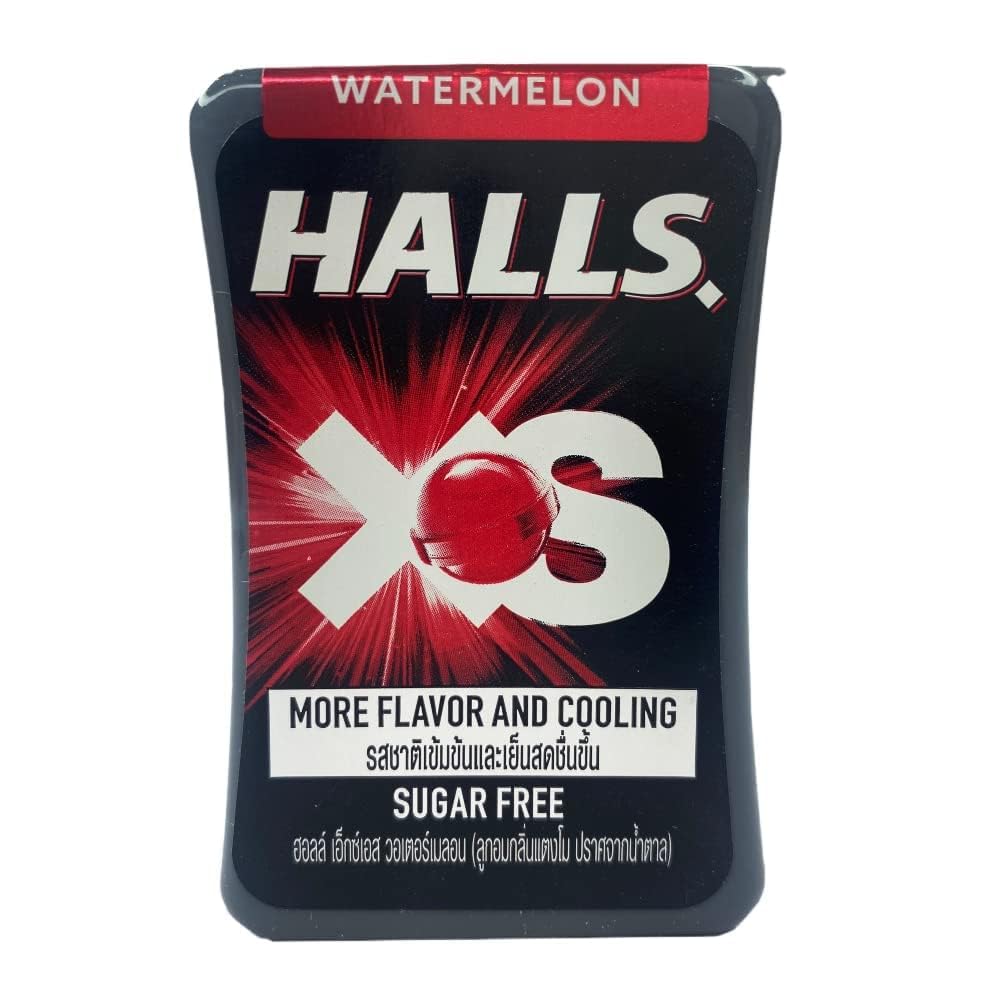 Halls XS Flavored Sugar Free Candy 13.8g Each - Pack of 12 (Watermelon) - Enjoy the refreshing taste of watermelon in a sugar-free candy.