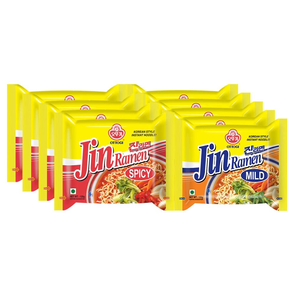 Ottogi Jin Ramen Korean Style Vegetarian Instant Noodles, Spicy and Mild Flavor Combo 120g, 5 spicy + 5 mild (Pack of 10), The Product of Korea