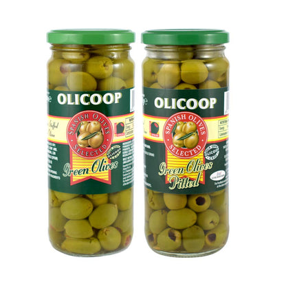 Olicoop Green Stuffed Olives 450g + Green Pitted Olives 450g, Pack of 1 Each, Produced in Spain, for Authentic Taste in Cooking, Snacking, Pizzas toppings or Italian Pastas Ingredient