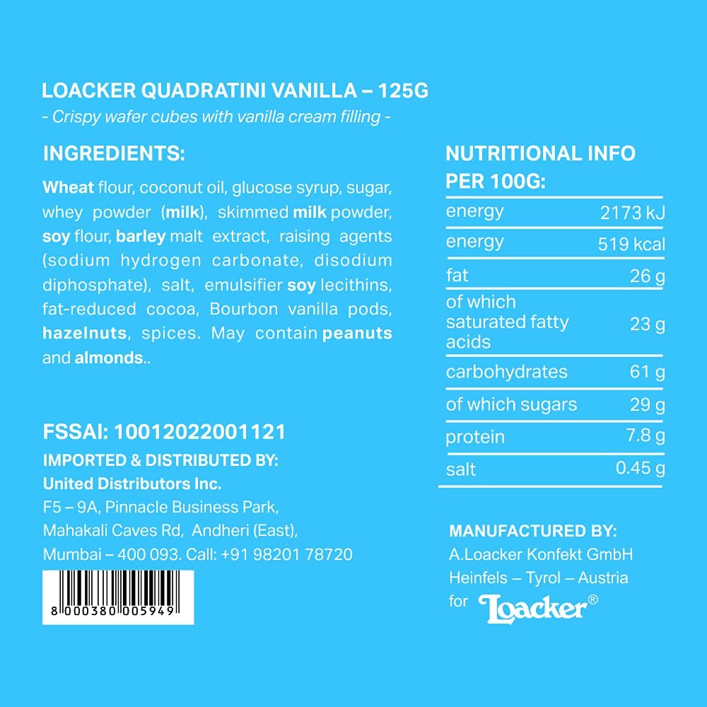 Loacker Quadratini Vanilla 125 Gram (Pack of 18)