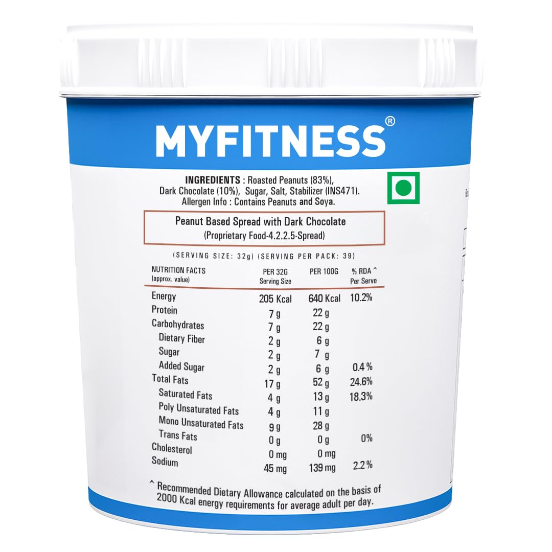 MYFITNESS Chocolate Peanut Butter Smooth 1250g | 22g Protein | Tasty & Healthy Nut Butter Spread |Vegan| Dark Chocolate | Cholesterol Free, Gluten Free| Smooth Peanut Butter | Zero Trans Fat