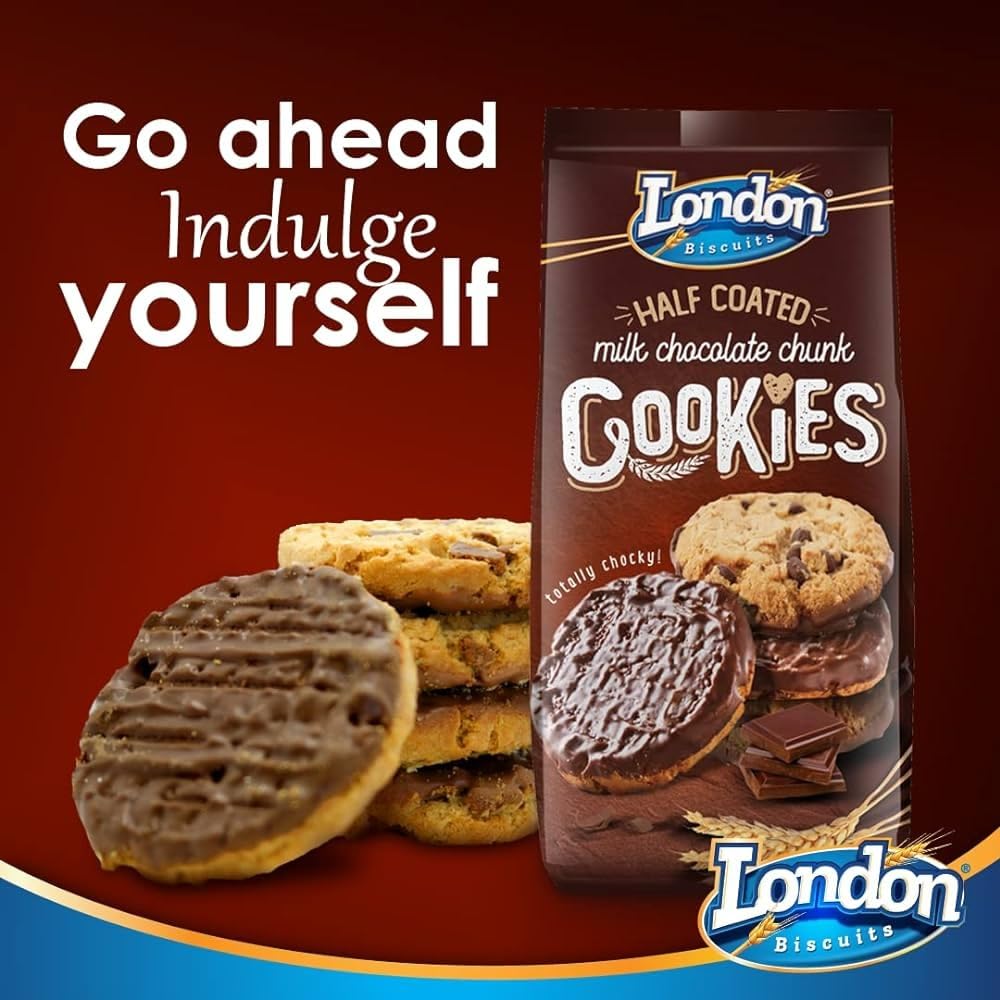 London Biscuits Half Coated Milk Chocolate Chunk Cookies - Irresistible Sweet Treat with Rich Chocolate - 160Gm(5.2 oz)