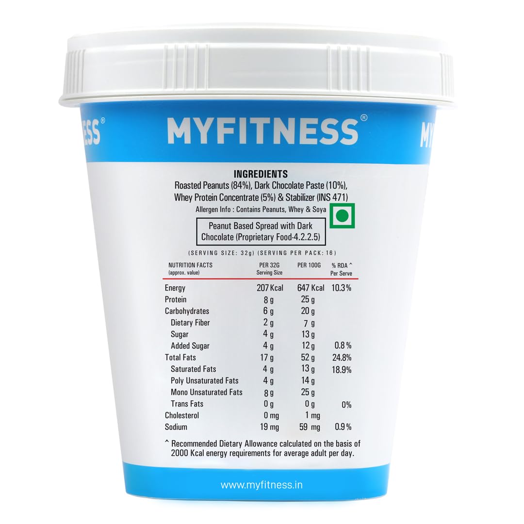 MYFITNESS High Protein Dark Chocolate Peanut Butter Crunchy 510g | With Added Whey | 25g Protein for Muscle Building | Tasty Nut Butter Spread | Gluten Free | Zero Trans Fat | Crunchy Peanut Butter