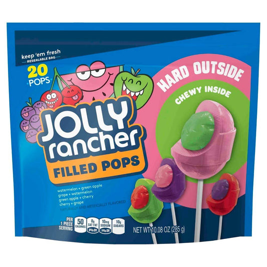 JOLLY RANCHER Filled Pops 20 Lollipops Assorted, 285Gram - Enjoy assorted flavors with JOLLY RANCHER Filled Pops, 20 lollipops, 285g.