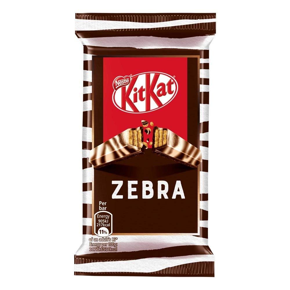 Kitkat 4 Finger Zebra Each 41.5 g (Pack Of 2) - Experience the unique striped design of Kitkat Zebra, each 41.5 g, pack of 2.