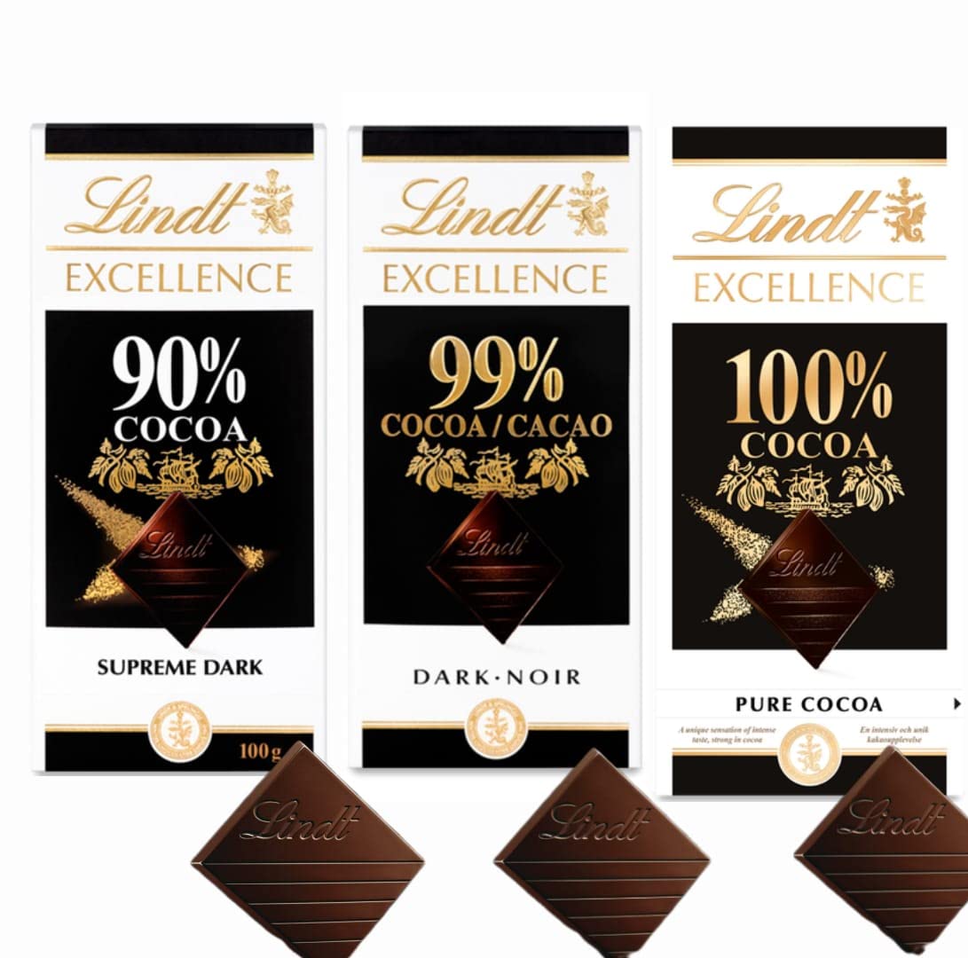 Lindt Excellence Dark Cocoa 90% 100g, Lindt Excellence Dark Cocoa 99% 50g and Lindt Excellence Dark Cocoa100% 50g Chocolate Bar (Combo Pack)