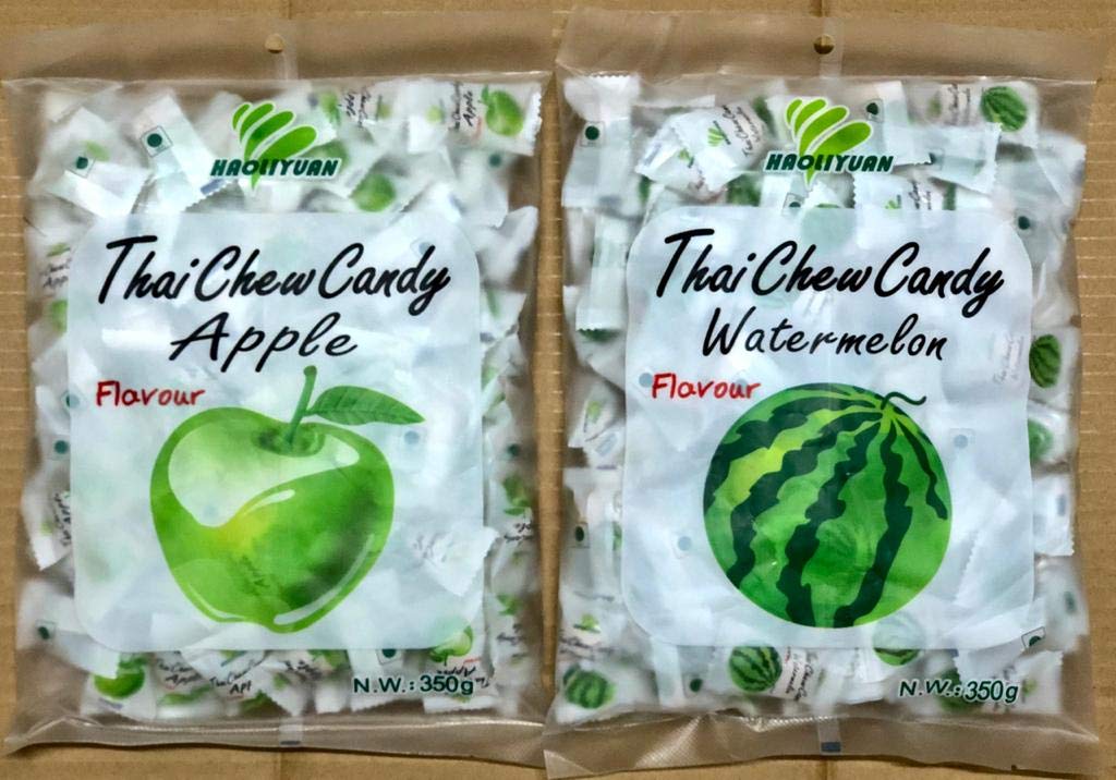 HAOLIYUAN Thai CHEW Candy 350g Combo Pack of 2 (Apple + Watermelon) - A combo pack of apple and watermelon flavored chew candies.