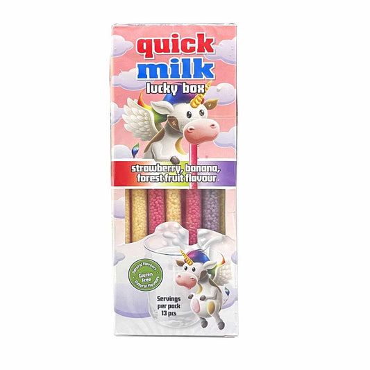 Quick Milk Sipper Straws Candy Lucky Box Strawberry, Banana & Forest Fruit 78gm - 13 pcs inside - Assorted flavored sipper straws!