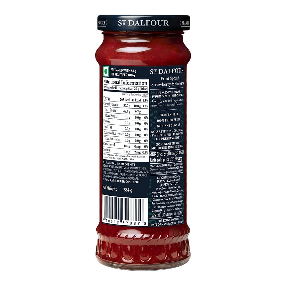 ST. DALFOUR Strawberry & Rhubarb Fruit Spread 284 G, No Added Sugar, 100% From Fruit, No Added Preservatives, Colours, Flavors Or Sweeteners, No Corn Syrup, Traditional French Recipe