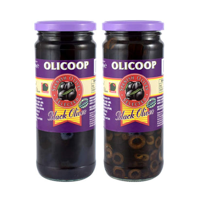 Olicoop Black Slice Olives 450g + Black Pitted Olives 450g, Pack of 1 Each, Product of Spain, for Authentic Taste in Cooking, Snacking, Pizzas toppings or Italian Pastas Ingredient