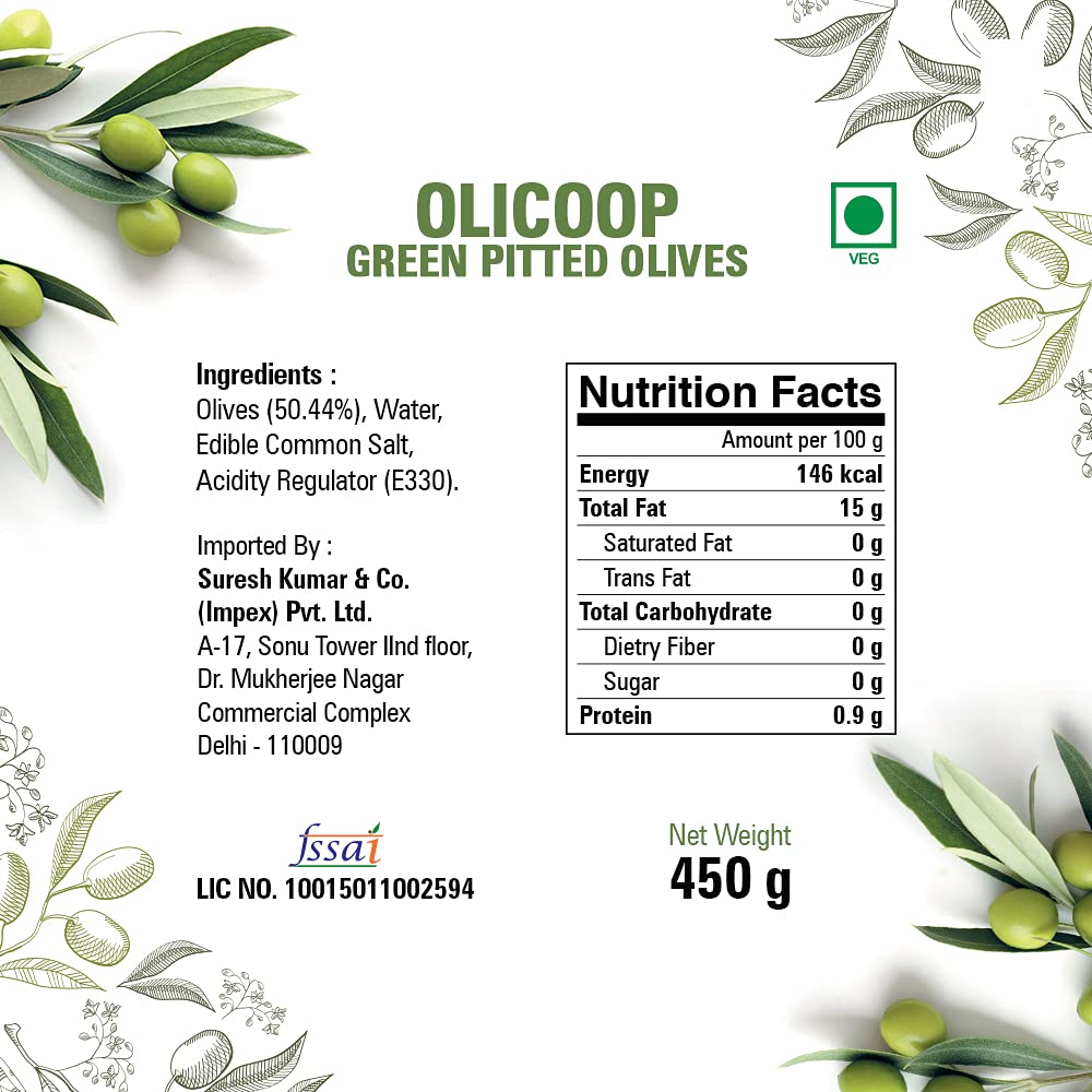 Olicoop Green Stuffed Olives 450g + Green Pitted Olives 450g, Pack of 1 Each, Produced in Spain, for Authentic Taste in Cooking, Snacking, Pizzas toppings or Italian Pastas Ingredient