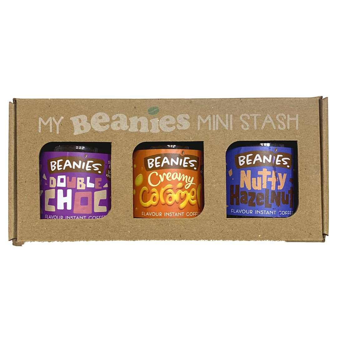 Beanies | Instant Flavoured Coffee | Double Chocolate 50g, Creamy Caramel 50g, Nutty Hazelnut 50g | Low Calorie, Sugar Free | Pack of 3 - A trio of tasty treats