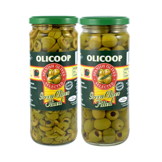 Olicoop Green Slice Olives 450g + Green Pitted Olives 450g, Pack of 1 Each, Produced in Spain,for Authentic Taste in Cooking, Snacking, Pizzas toppings or Italian Pastas Ingredient