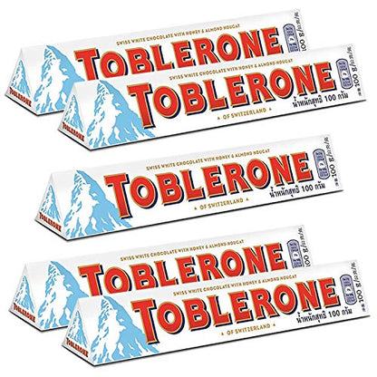 Toblerone of Switzerland White Chocolate with Honey and Almond Nougat - 5 Pack, 5 X 100 g