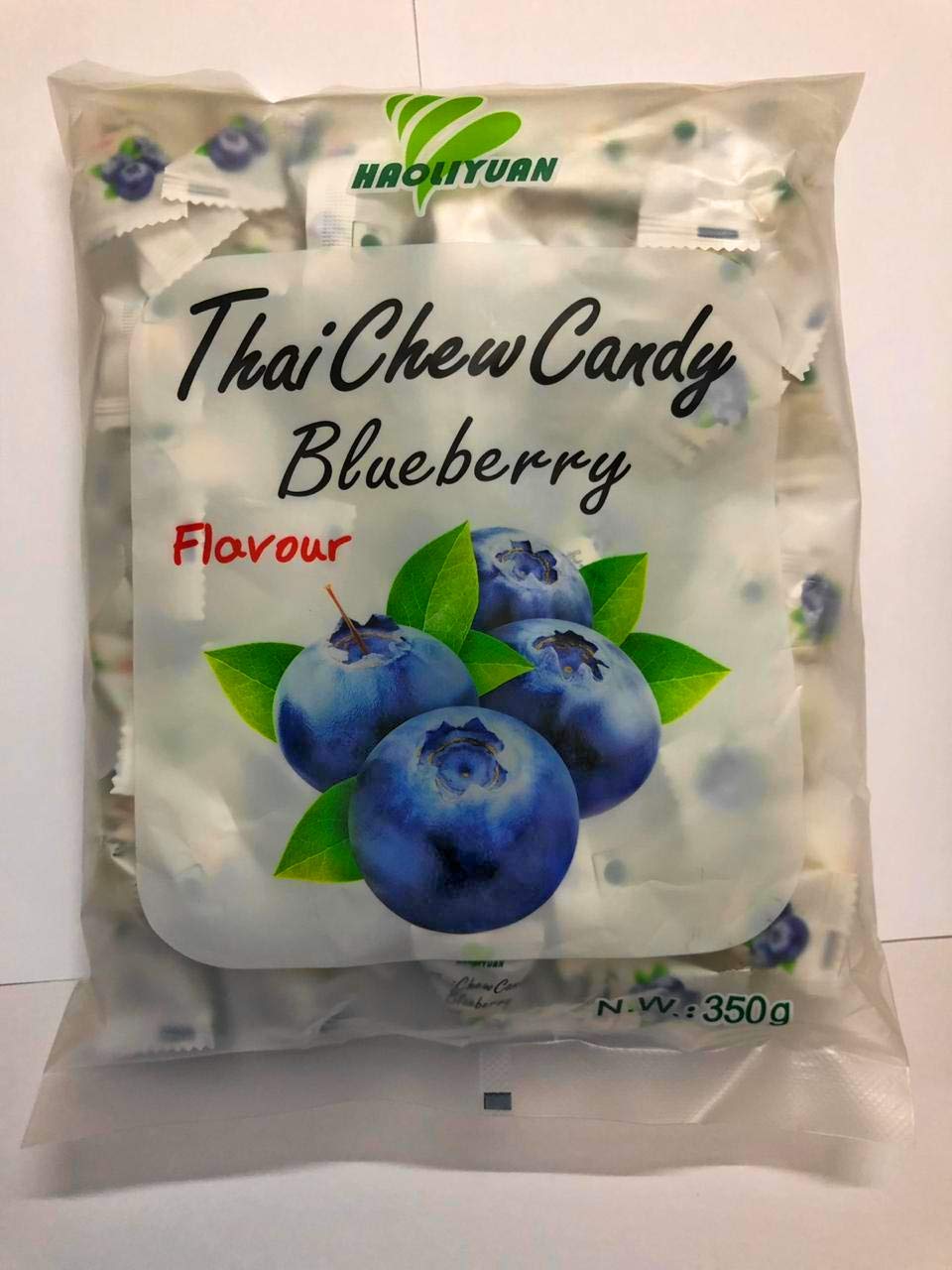 Haoliyuan Thai Chew Candy Blueberry 350g (appx. 100pcs) - Blueberry flavored chew candy, approximately 100 pieces per pack.