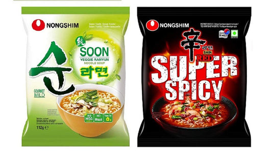 Nongshim Veggie Noodles & Red Super Spicy Instant Noodles 120gm*2Pack (Pack of 2) (Imported) - "Double the spice, double the flavor!"