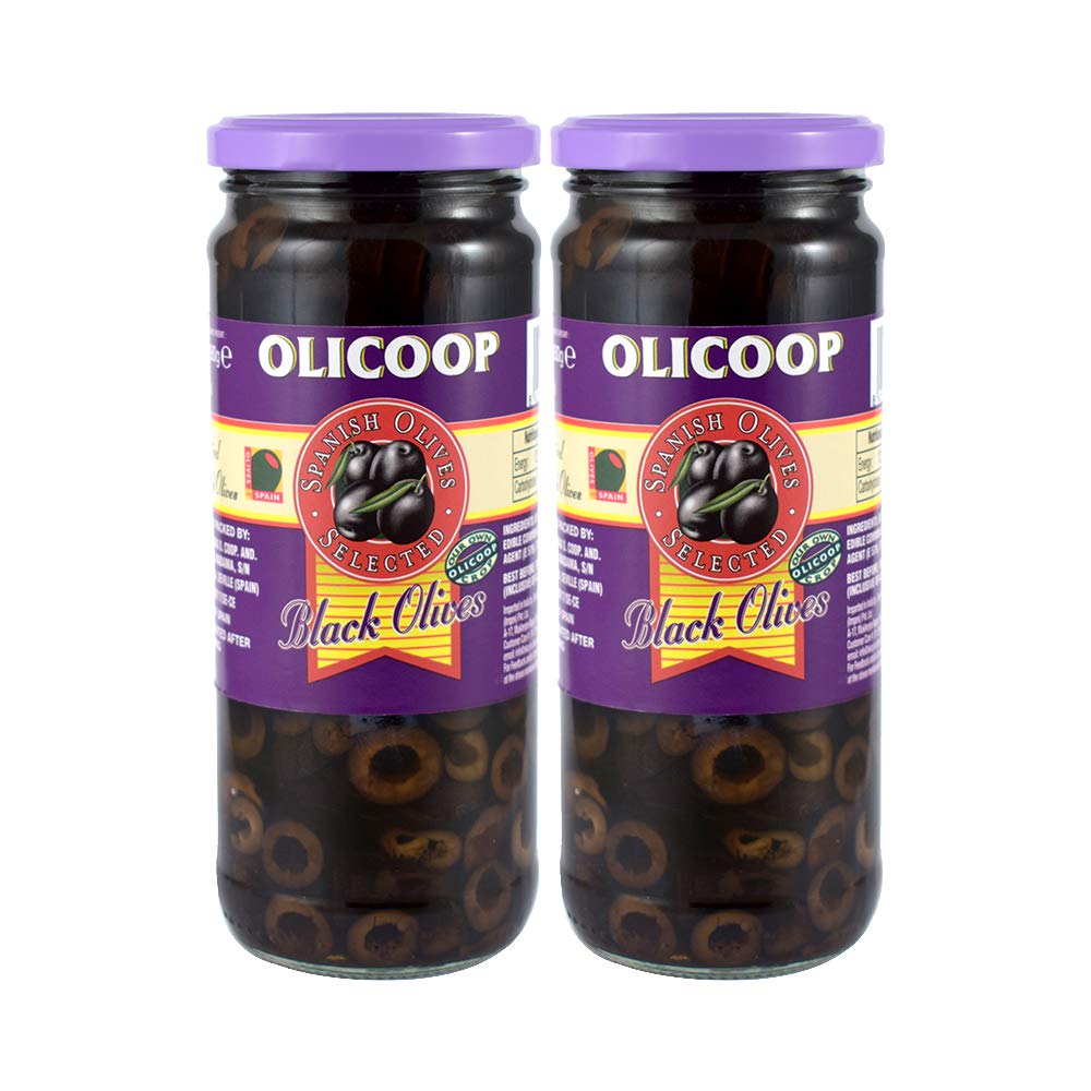 Olicoop Black Slice Olive, 450g, Combo Pack of 2, Product of Spain,for Authentic Taste in Cooking, Snacking, Pizzas toppings or Italian Pastas Ingredient