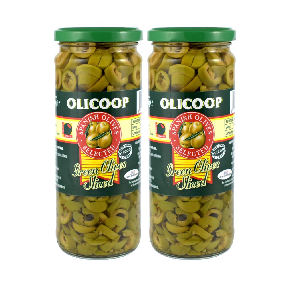 Olicoop Green Sliced Olive, 450g, Pack of 2, Produced in Spain - "Perfect for salads and pizzas!"