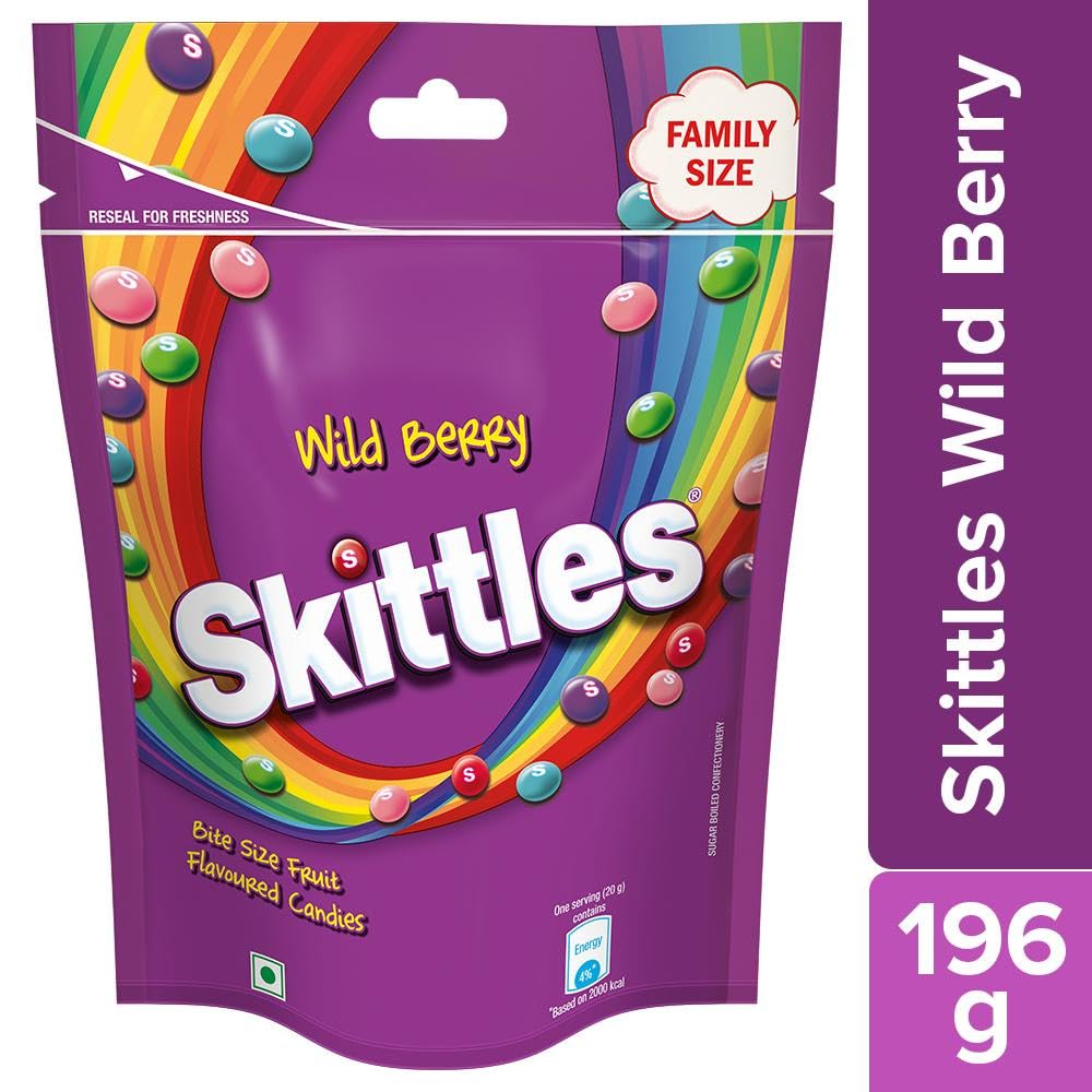 Skittles Wild Berry Chewy Fruit Candy | Bite-Size Fruit Candies Pack | Delicious Fruity Berry Flavours (Berry Punch, Cherry, Raspberry, Strawberry, and Melonberry) | Imported Candies | 196g