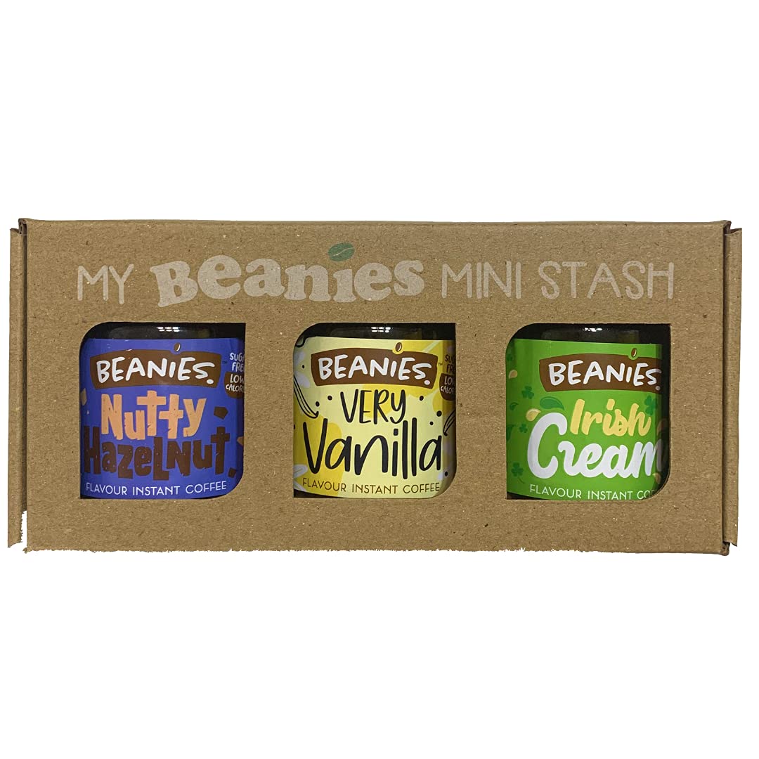 Beanies | Instant Flavoured Coffee | Irish Cream 50g, Very Vanilla 50g, Nutty Hazelnut 50g | Low Calorie, Sugar Free | Pack of 3 - Coffee variety for every mood