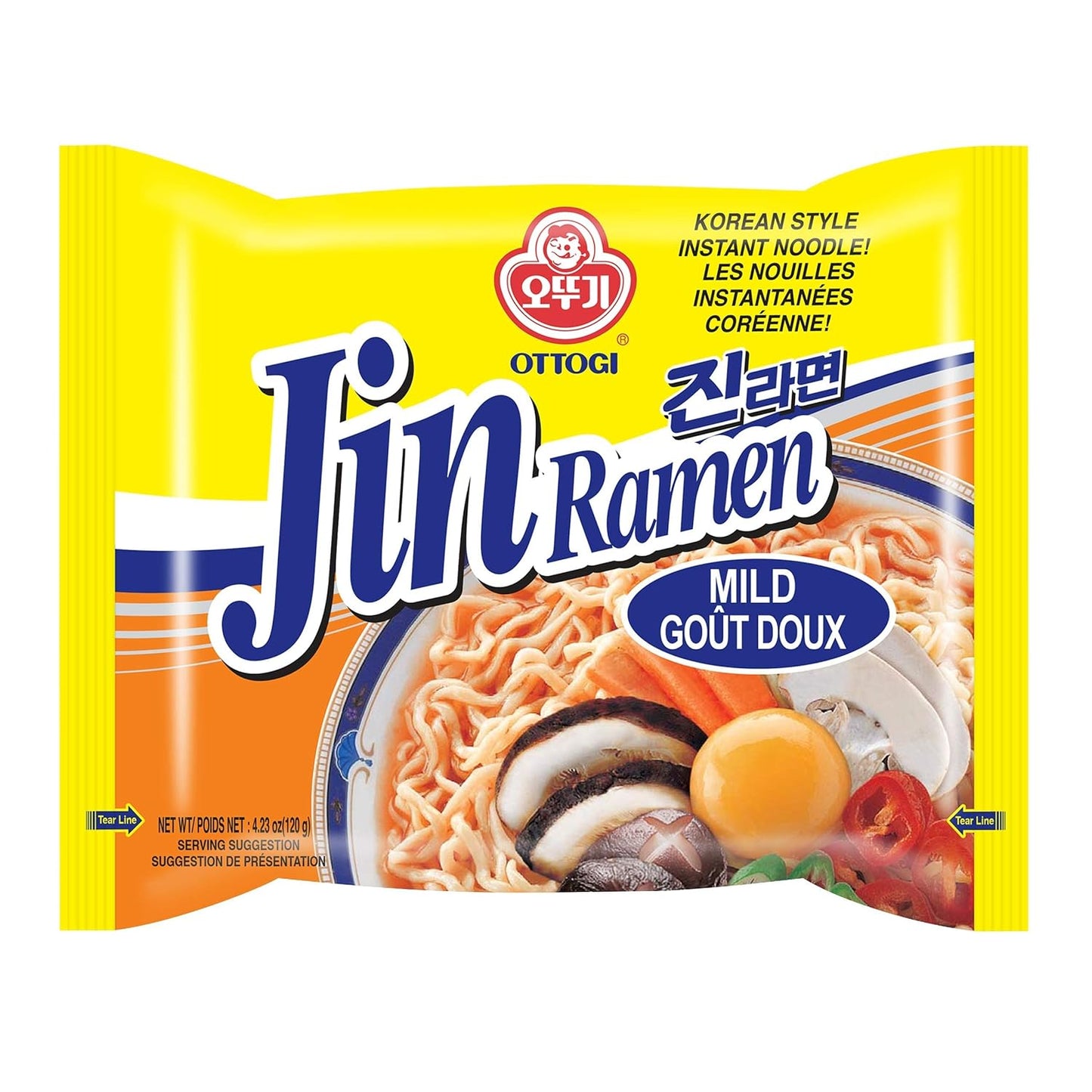 Ottogi Jin Ramen korean Style Instant Vegetarian Noodles Mild Flavor 120g, Pack of 5, The Product of Korea