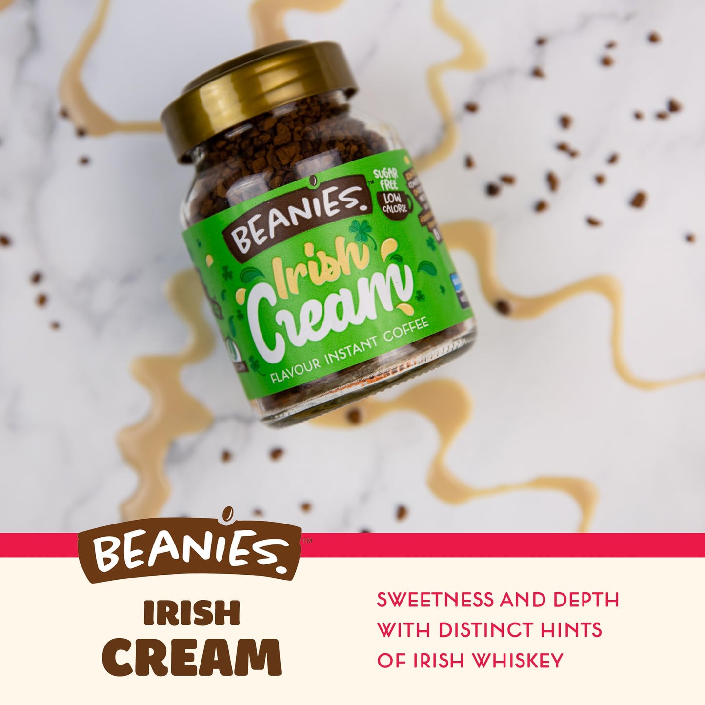 Beanies | Instant Flavoured Coffee | Irish Cream | Low Calorie, Sugar Free | 50 g | Pack of 1 - Irish-inspired indulgence