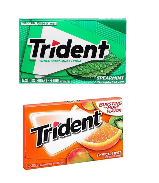 Trident Sugar-Free Chewing Gum - Spearmint Flavor, 14 Sticks, 26g & Tropical Flavor, 14 Sticks, 26g - Double the Freshness!