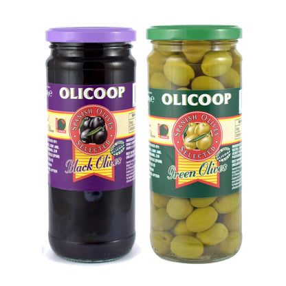 Olicoop Green Whole Olives 450g + Black Whole Olives 450g, Pack of 1 Each, Produced in Spain - "Spanish olives duo!"